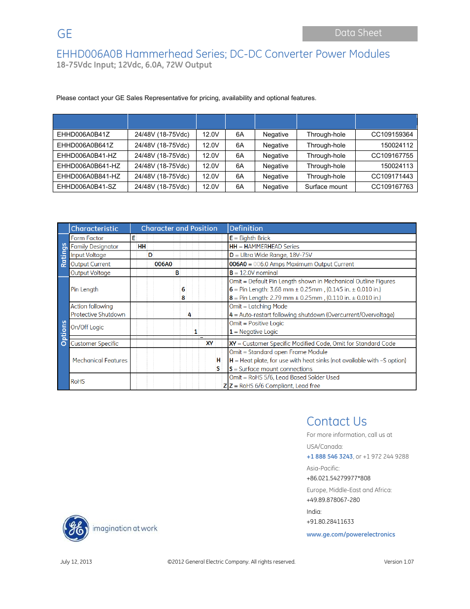 Contact us, Data sheet | GE Industrial Solutions EHHD006A0B Hammerhead Series User Manual | Page 19 / 19