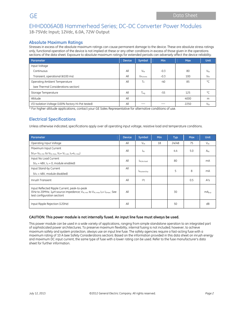 Data sheet, Absolute maximum ratings, Electrical specifications | GE Industrial Solutions EHHD006A0B Hammerhead Series User Manual | Page 2 / 19