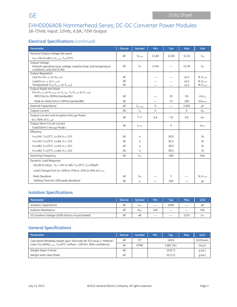 Data sheet, Electrical specifications (continued), Isolation specifications | General specifications | GE Industrial Solutions EHHD006A0B Hammerhead Series User Manual | Page 3 / 19