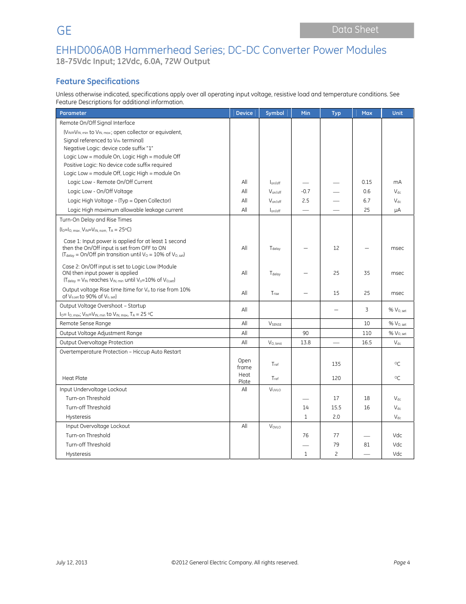 Data sheet, Feature specifications | GE Industrial Solutions EHHD006A0B Hammerhead Series User Manual | Page 4 / 19