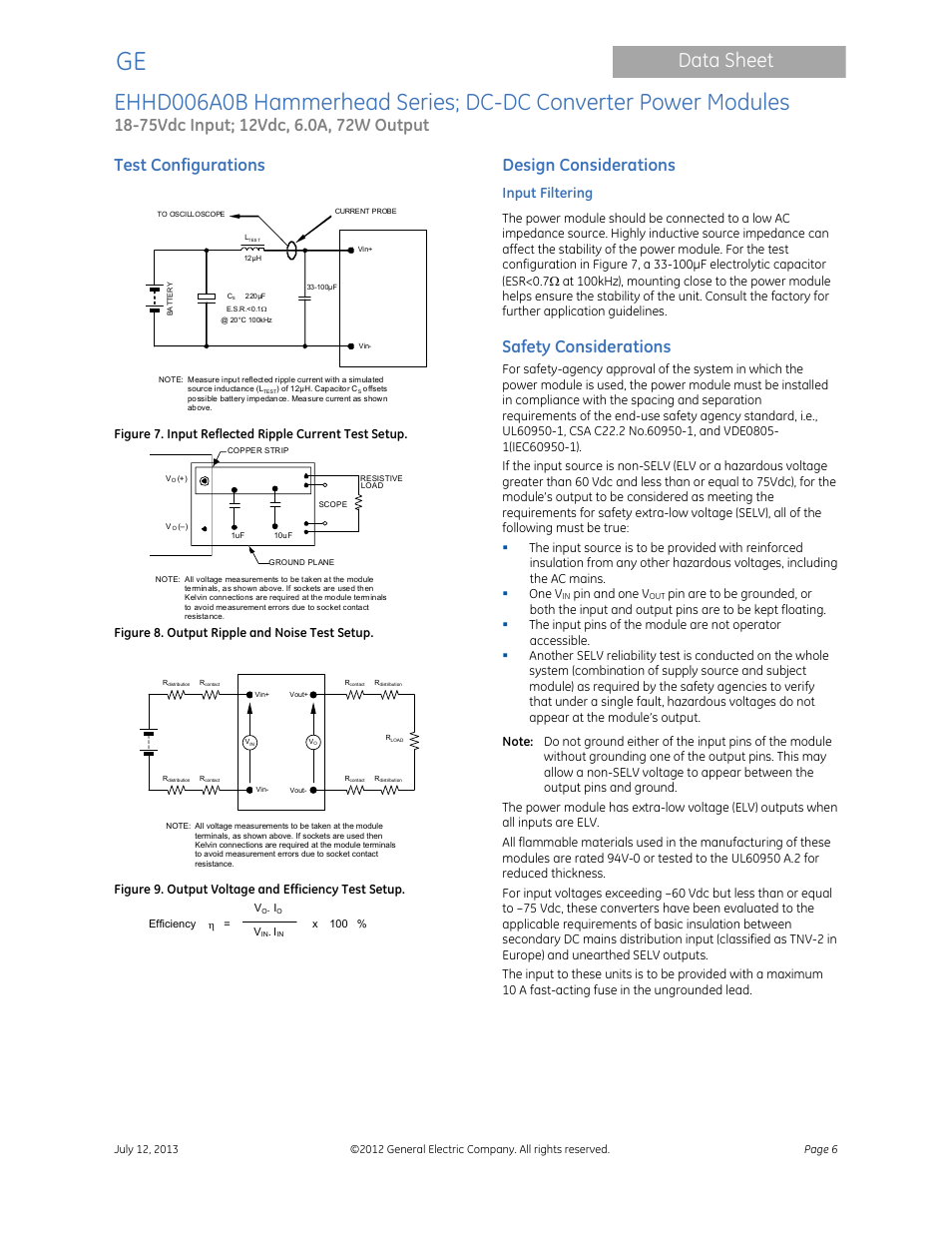 Data sheet, Test configurations, Design considerations | Safety considerations, Input filtering | GE Industrial Solutions EHHD006A0B Hammerhead Series User Manual | Page 6 / 19