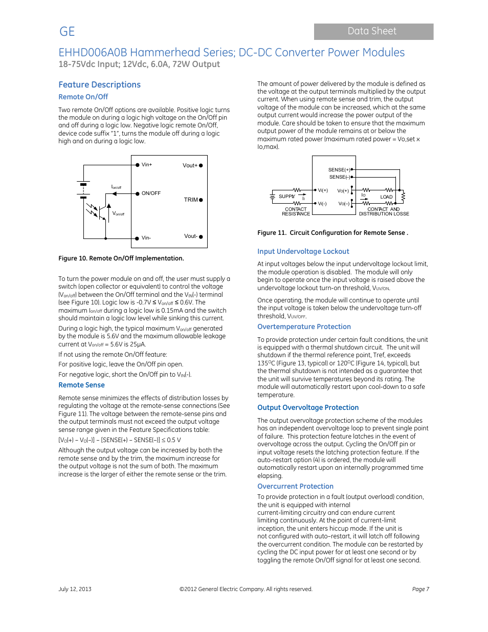 Data sheet, Feature descriptions | GE Industrial Solutions EHHD006A0B Hammerhead Series User Manual | Page 7 / 19