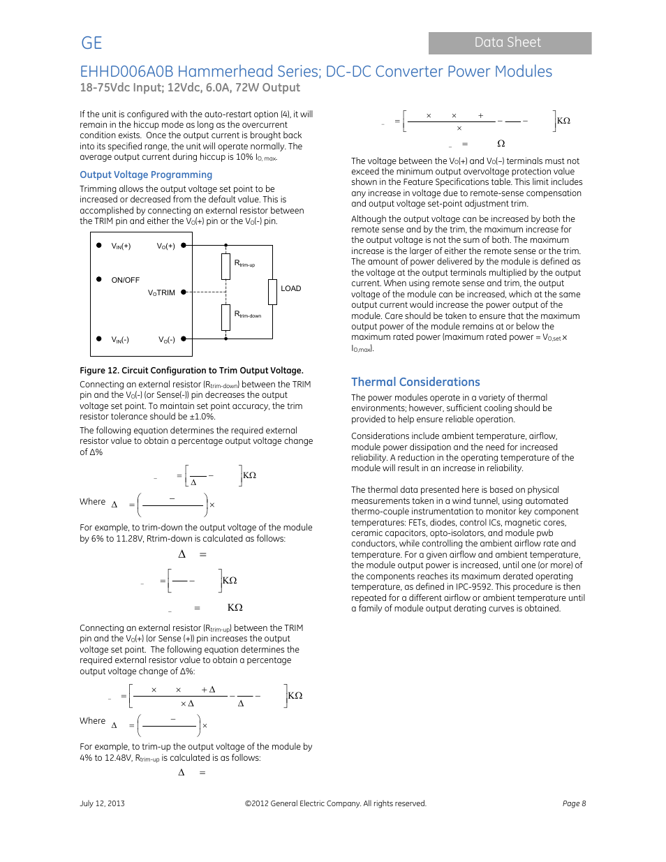 Data sheet, Thermal considerations | GE Industrial Solutions EHHD006A0B Hammerhead Series User Manual | Page 8 / 19