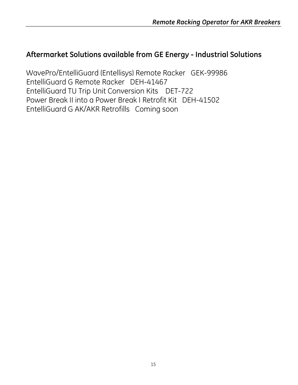 GE Industrial Solutions Remote Racking Operator: Low Voltage AKR Circuit Breakers User Manual | Page 15 / 16