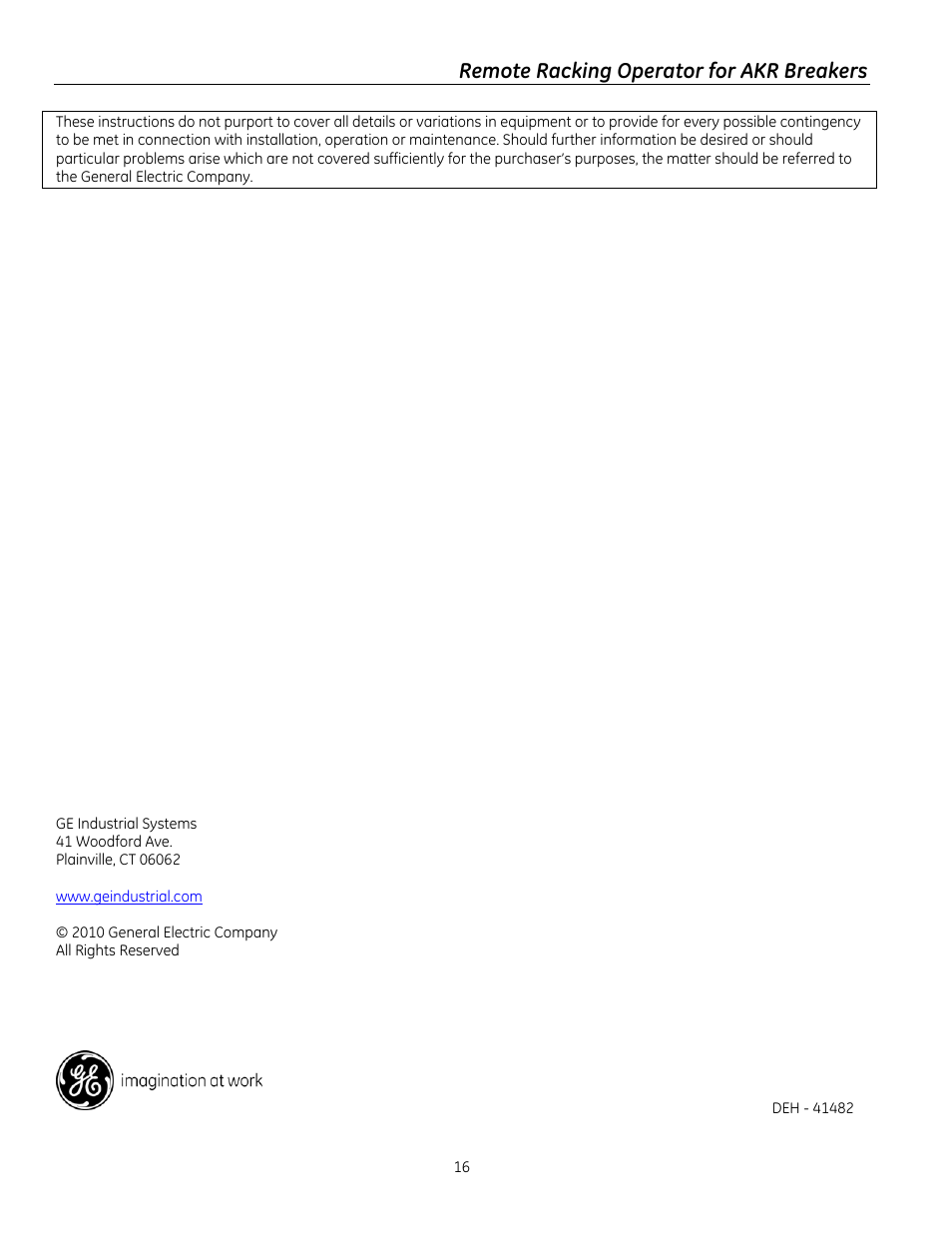 GE Industrial Solutions Remote Racking Operator: Low Voltage AKR Circuit Breakers User Manual | Page 16 / 16