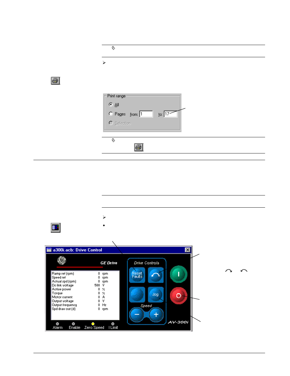 Drive controls, Printing diagrams | GE Industrial Solutions Control System Toolbox For AV-300, DV-300, AV-300i (AVDV Series) Drives User Manual | Page 57 / 82