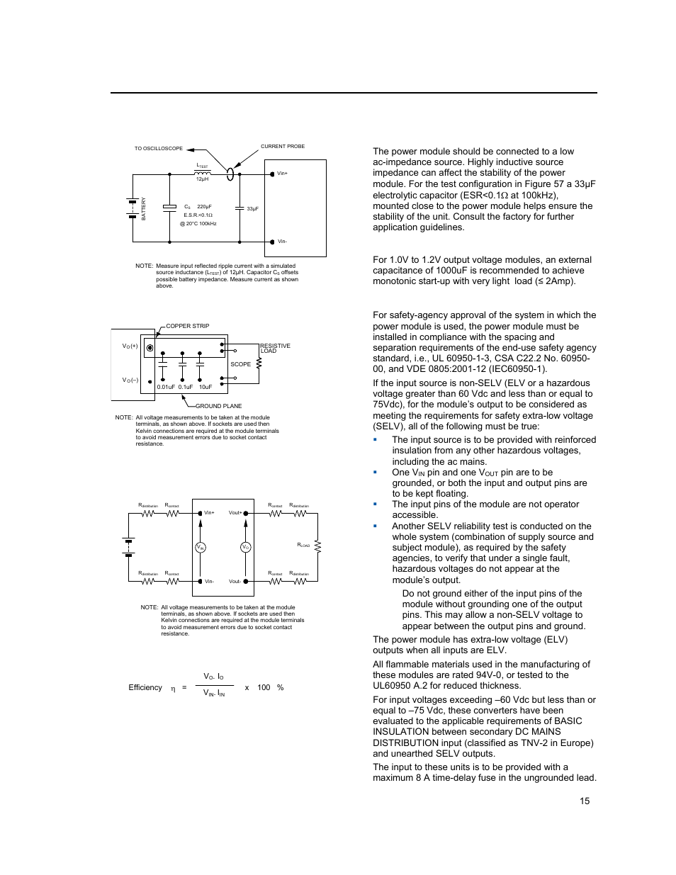 Test configurations, Design considerations, Safety considerations | Input filtering, Output filtering, Lineage power 15, Figure 58. output ripple and noise test setup, Pin and one v | GE Industrial Solutions EQW010-040 Series (Eighth-Brick) User Manual | Page 15 / 28