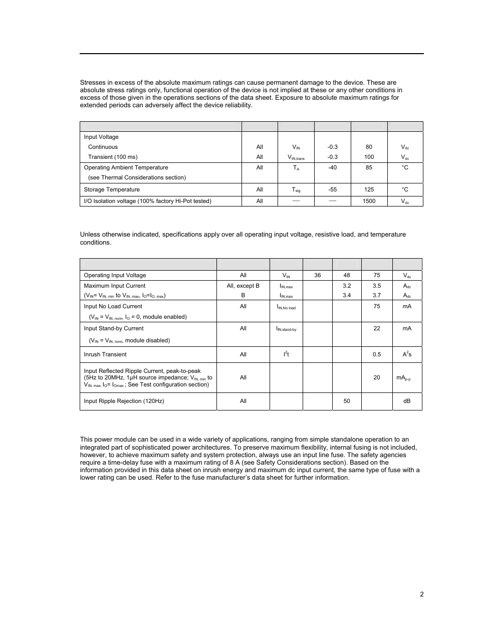 Absolute maximum ratings, Electrical specifications | GE Industrial Solutions EQW010-040 Series (Eighth-Brick) User Manual | Page 2 / 28
