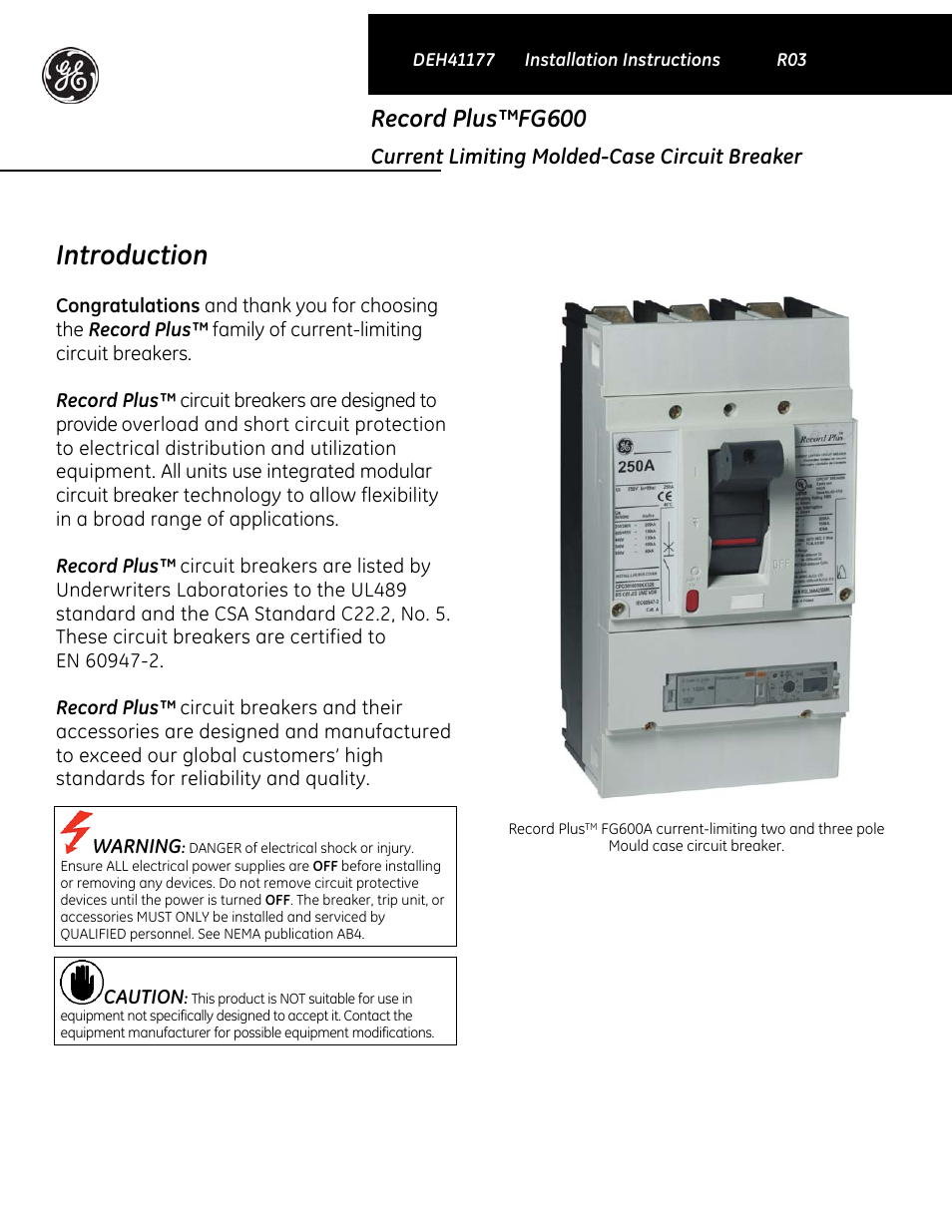 GE Industrial Solutions Record Plus FG600 with SMR1 or SMR2 Trip Unit User Manual | 8 pages