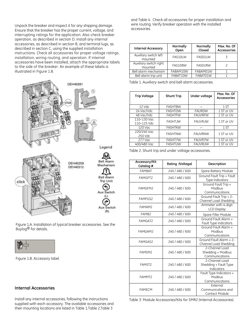 A – unpack and inspect, B – installation, Internal accessories | GE Industrial Solutions Record Plus FG600 with SMR1 or SMR2 Trip Unit User Manual | Page 2 / 8