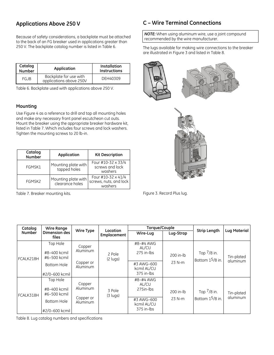 Applications above 250 v, C – wire terminal connections | GE Industrial Solutions Record Plus FG600 with SMR1 or SMR2 Trip Unit User Manual | Page 4 / 8