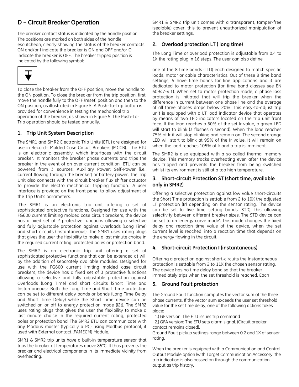 D – circuit breaker operation | GE Industrial Solutions Record Plus FG600 with SMR1 or SMR2 Trip Unit User Manual | Page 6 / 8