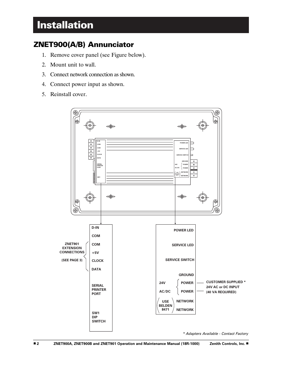 Installation, Znet900(a/b) annunciator | GE Industrial Solutions ZNET901 User Manual | Page 4 / 10
