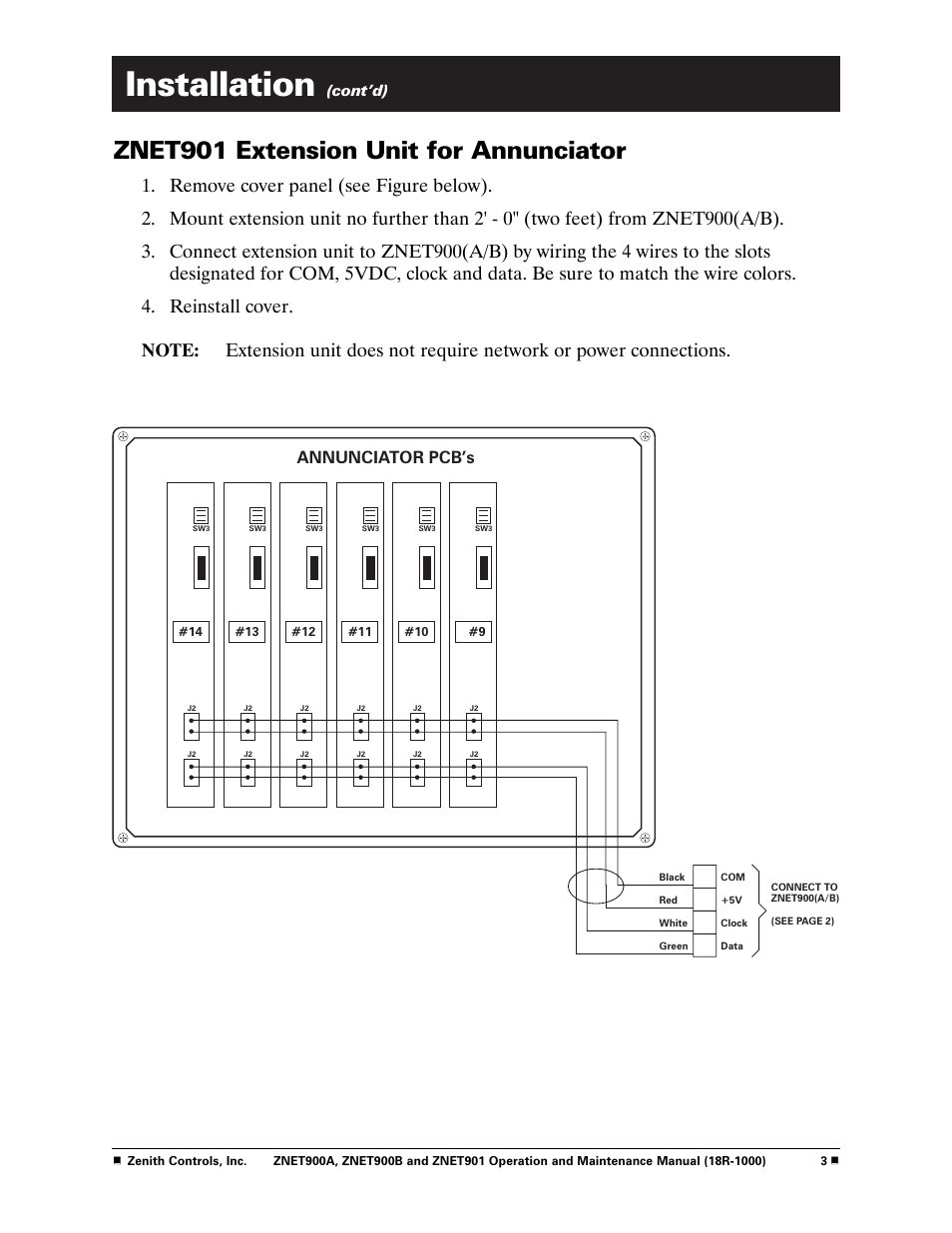Installation, Znet901 extension unit for annunciator, Annunciator pcb’s | Cont’d) | GE Industrial Solutions ZNET901 User Manual | Page 5 / 10
