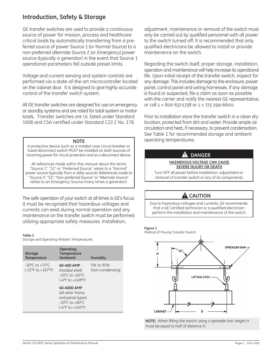 Introduction, safety & storage, Caution, Danger | GE Industrial Solutions ZBTE Series User Manual | Page 3 / 20