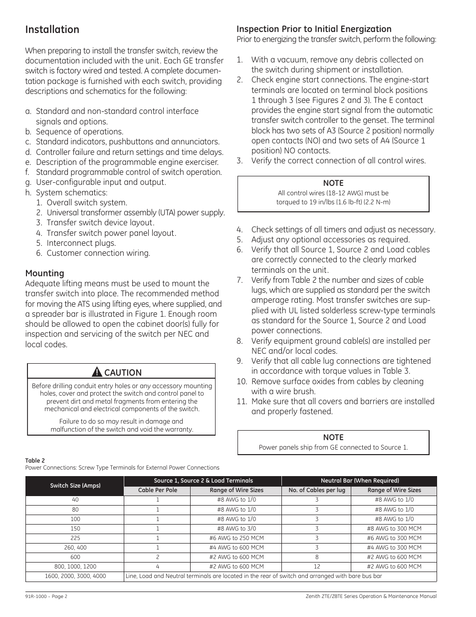 Installation, Mounting, Inspection prior to initial energization | Caution | GE Industrial Solutions ZBTE Series User Manual | Page 4 / 20
