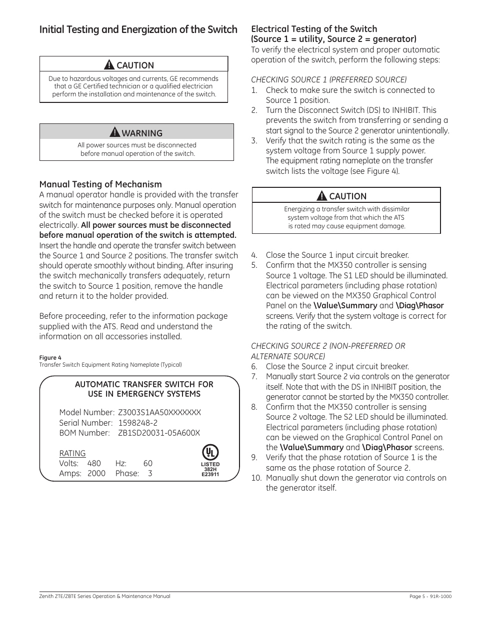 Initial testing and energization of the switch | GE Industrial Solutions ZBTE Series User Manual | Page 7 / 20