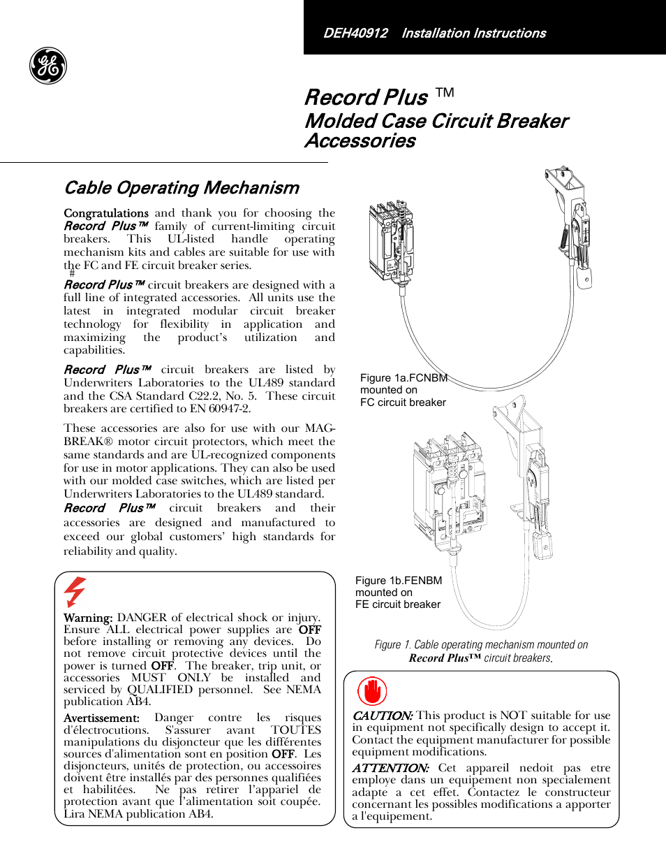 GE Industrial Solutions Record Plus Cable Operating Mechanism: FC100, FE250 User Manual | 8 pages