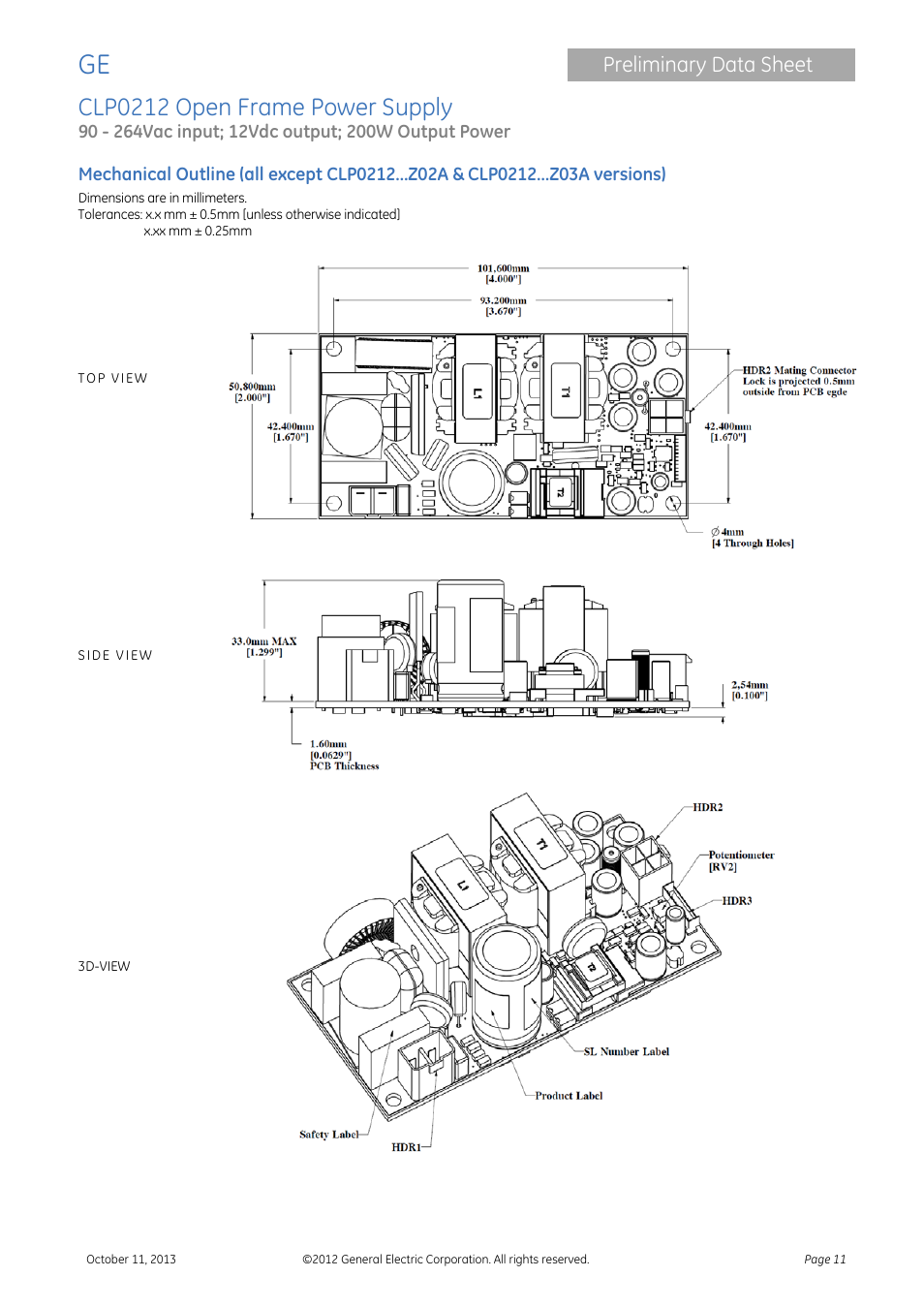 Clp0212 open frame power supply, Preliminary data sheet | GE Industrial Solutions CLP0212 User Manual | Page 11 / 15