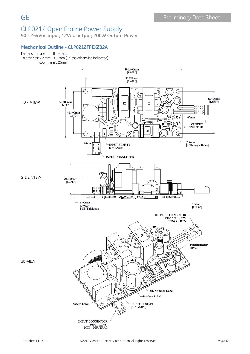 Clp0212 open frame power supply, Preliminary data sheet | GE Industrial Solutions CLP0212 User Manual | Page 12 / 15