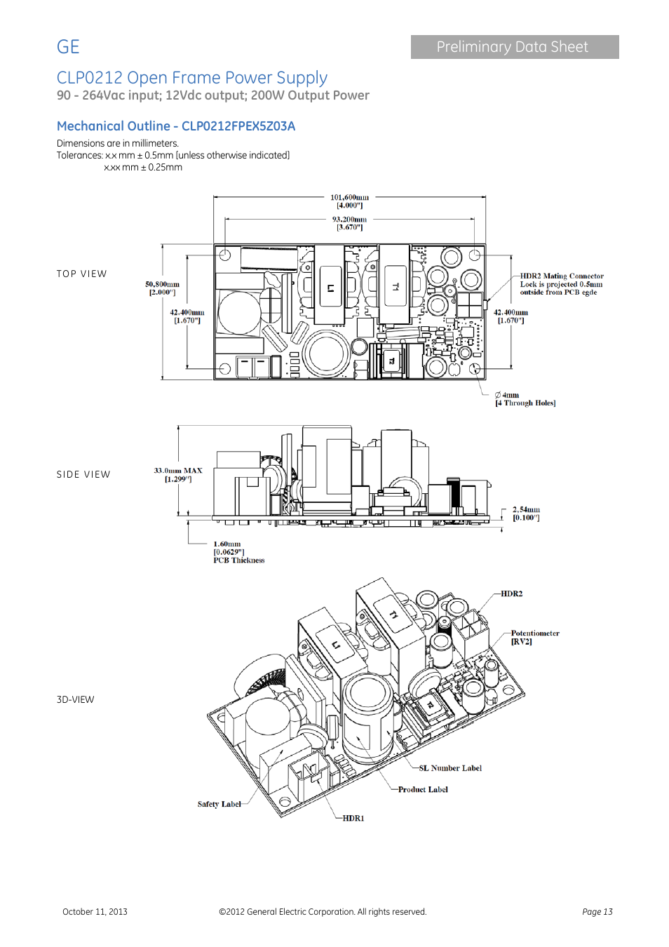 Clp0212 open frame power supply, Preliminary data sheet | GE Industrial Solutions CLP0212 User Manual | Page 13 / 15