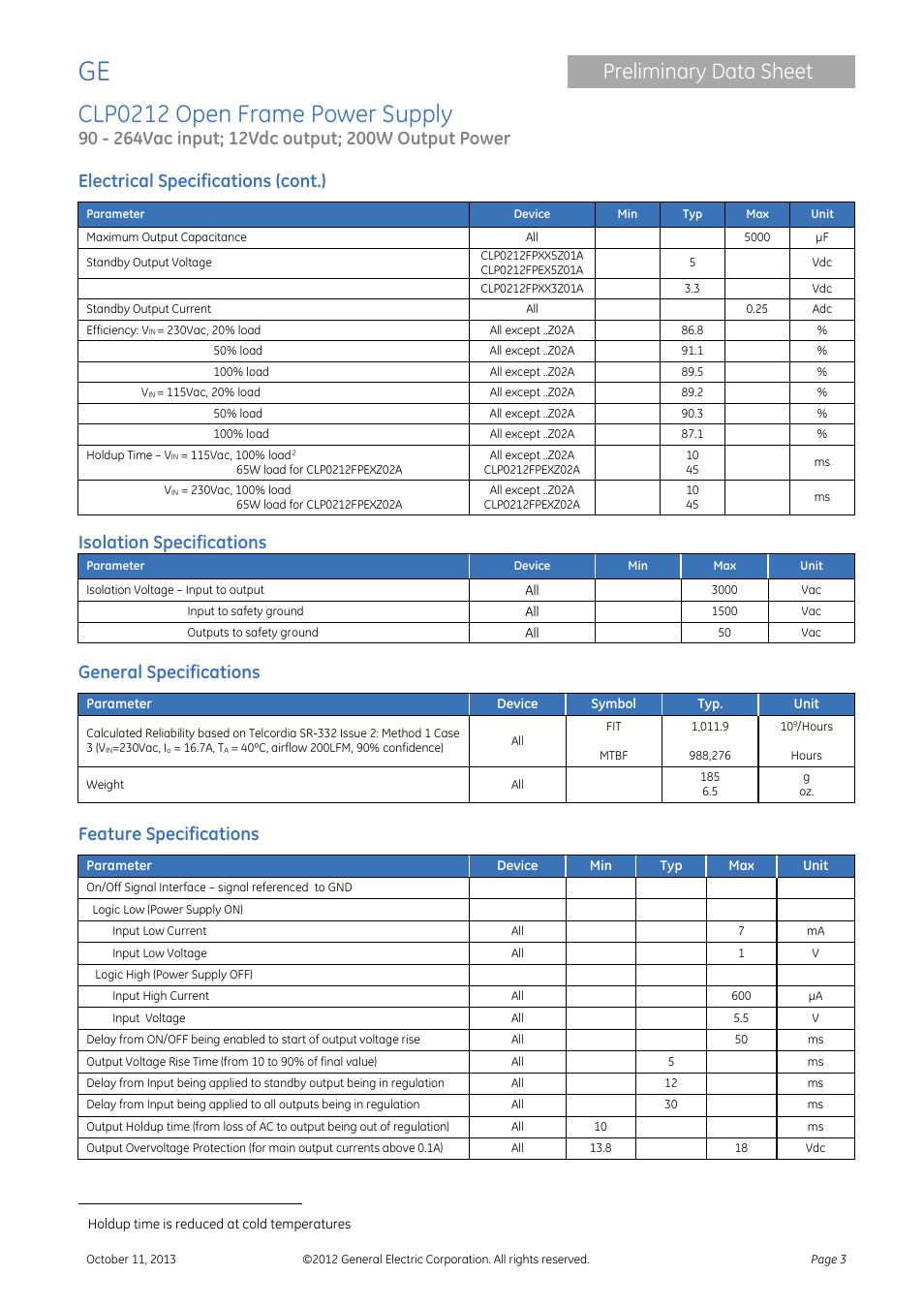 Electrical specifications (cont.), General specifications, Feature specifications | Clp0212 open frame power supply, Preliminary data sheet, Isolation specifications | GE Industrial Solutions CLP0212 User Manual | Page 3 / 15