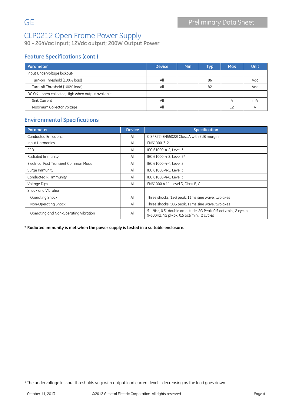 Feature specifications (cont.), Environmental specifications, Clp0212 open frame power supply | Preliminary data sheet | GE Industrial Solutions CLP0212 User Manual | Page 4 / 15