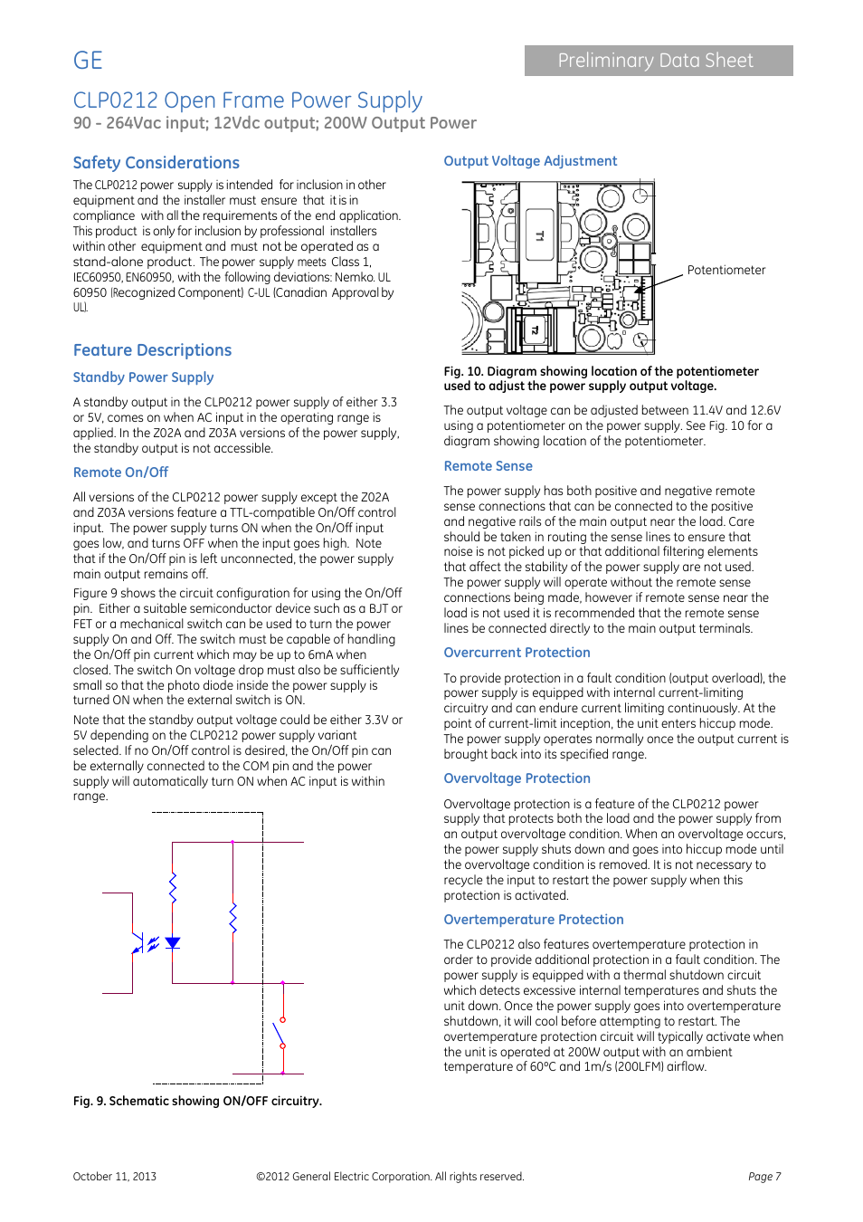 Standby power supply, Remote on/off, Output voltage adjustment | Remote sense, Overcurrent protection, Overvoltage protection, Overtemperature protection, Clp0212 open frame power supply, Preliminary data sheet, Safety considerations | GE Industrial Solutions CLP0212 User Manual | Page 7 / 15
