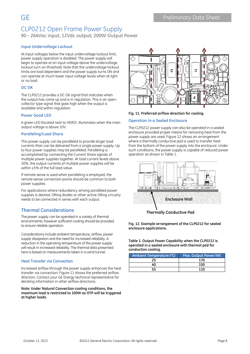 Input undervoltage lockout, Dc ok, Power good led | Paralleling/load share, Clp0212 open frame power supply, Preliminary data sheet, Thermal considerations | GE Industrial Solutions CLP0212 User Manual | Page 8 / 15