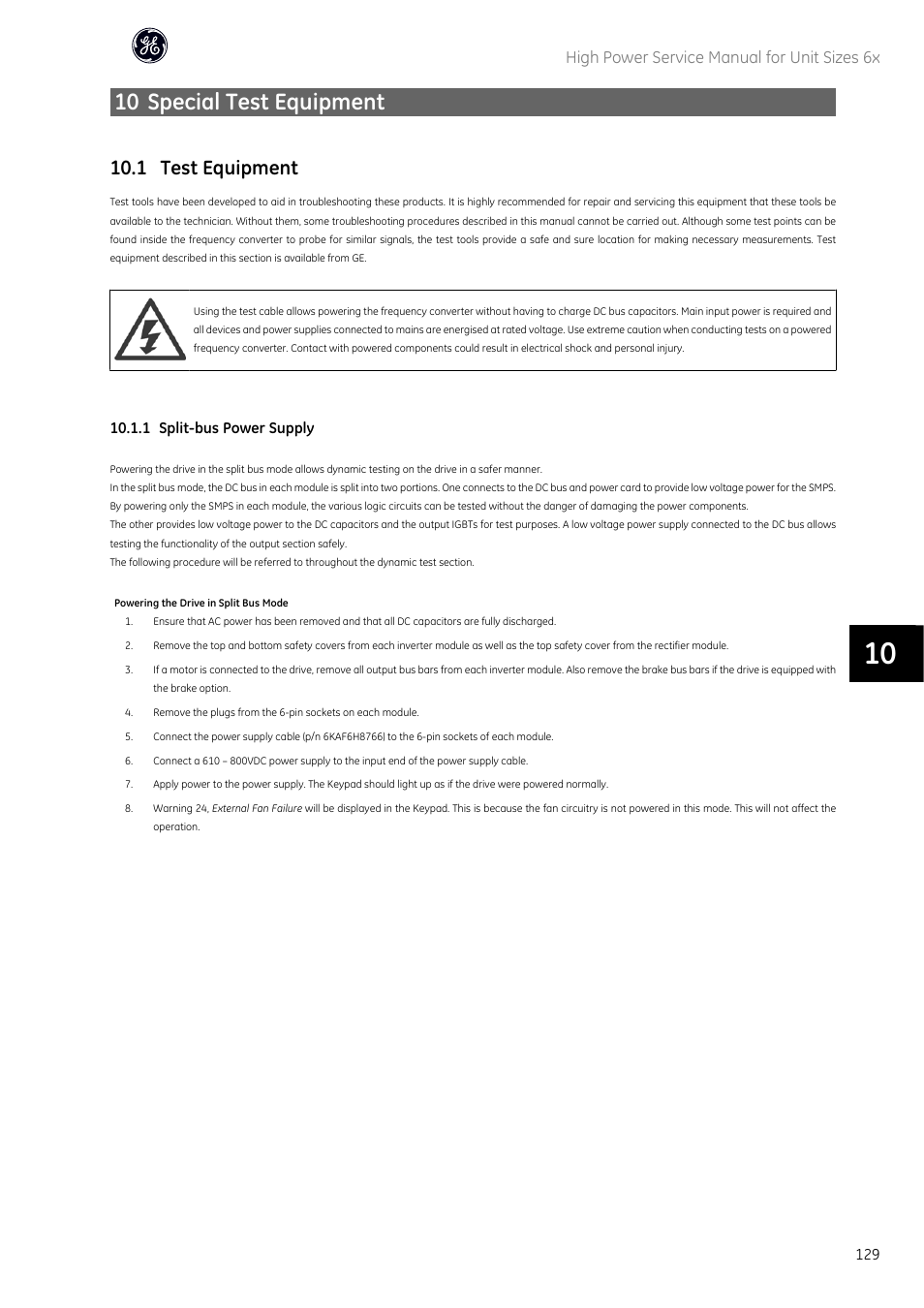 10 special test equipment, 1 test equipment, High power service manual for unit sizes 6x | GE Industrial Solutions AF-600 FP High Power Unit Sizes 6x User Manual | Page 130 / 138