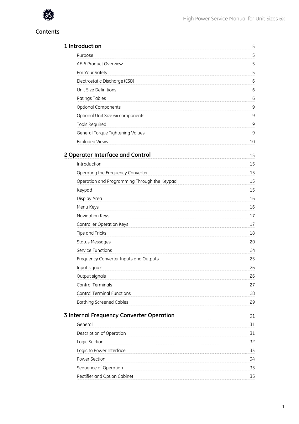 Contents 1 introduction, 2 operator interface and control, 3 internal frequency converter operation | GE Industrial Solutions AF-600 FP High Power Unit Sizes 6x User Manual | Page 2 / 138