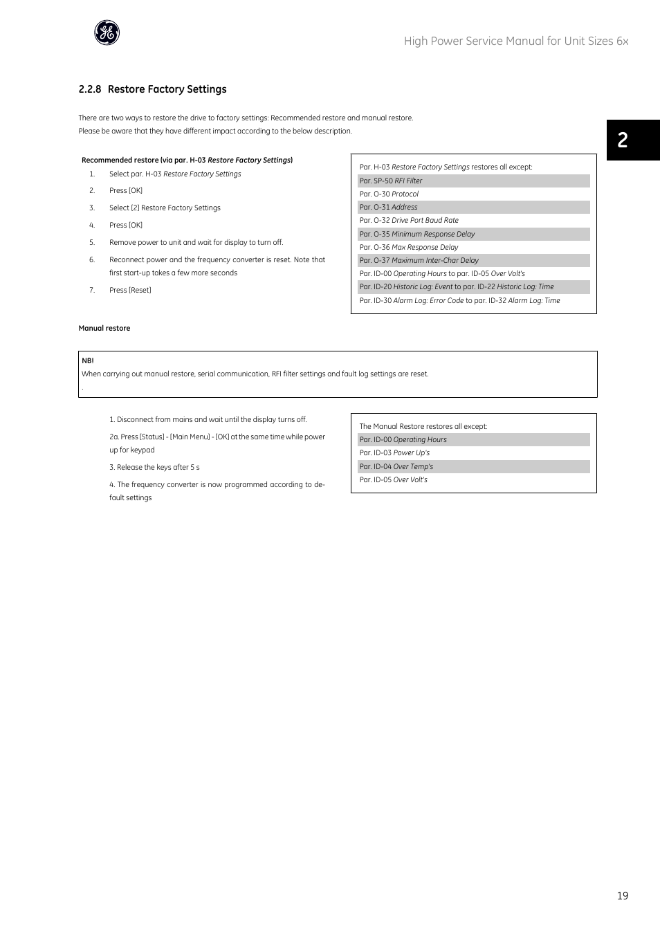 High power service manual for unit sizes 6x, 8 restore factory settings | GE Industrial Solutions AF-600 FP High Power Unit Sizes 6x User Manual | Page 20 / 138