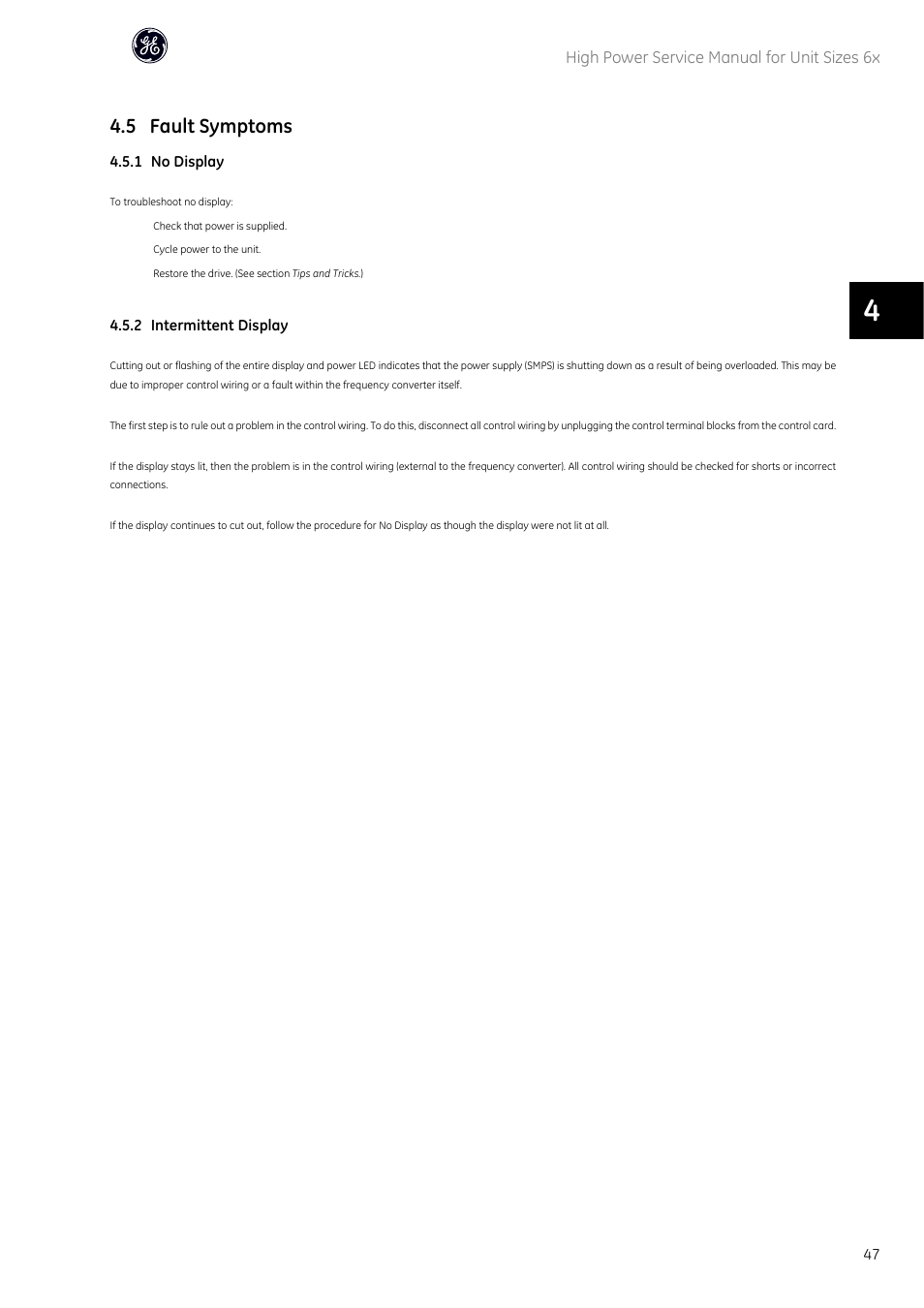 5 fault symptoms | GE Industrial Solutions AF-600 FP High Power Unit Sizes 6x User Manual | Page 48 / 138