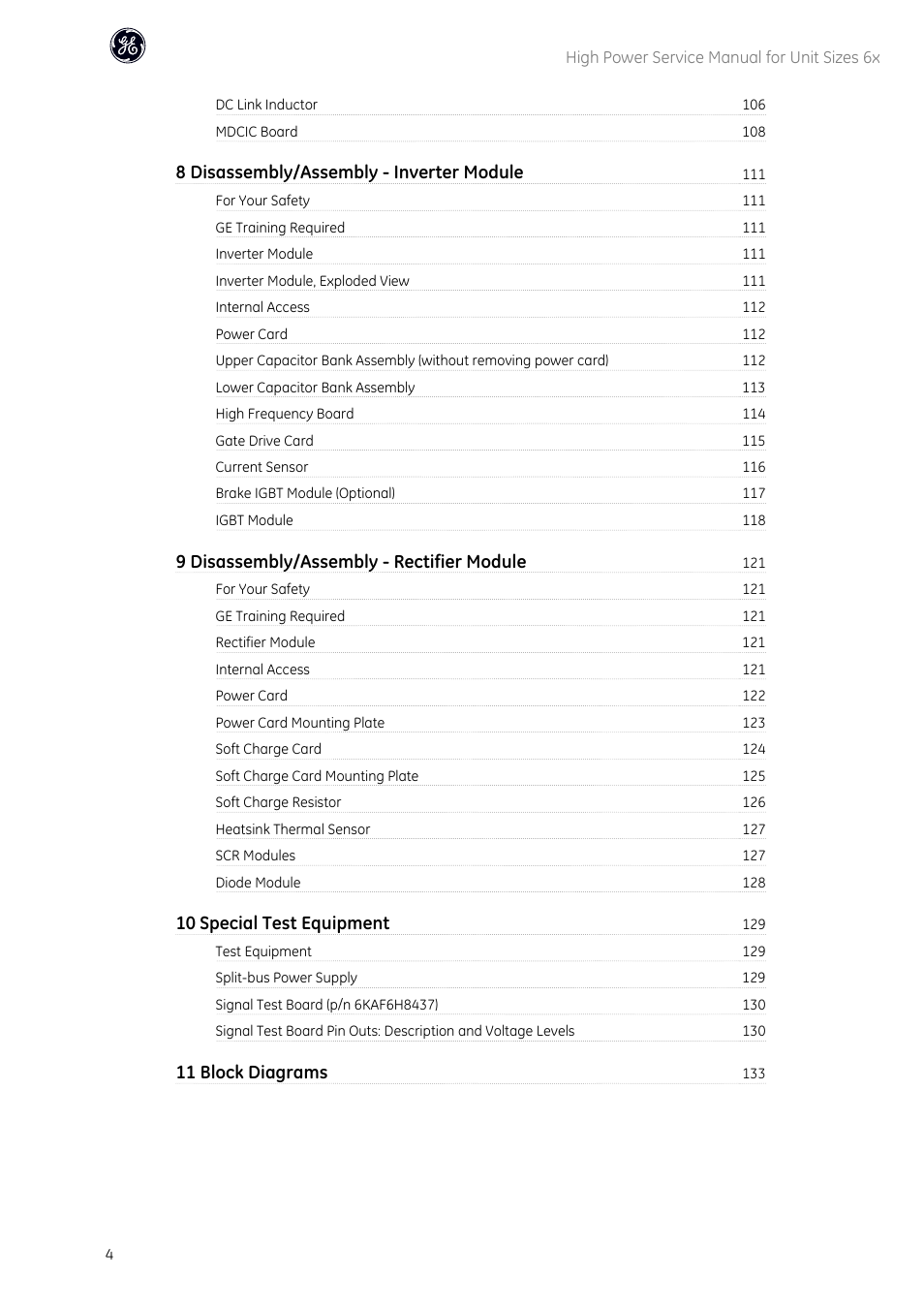 8 disassembly/assembly - inverter module, 9 disassembly/assembly - rectifier module, 10 special test equipment | 11 block diagrams | GE Industrial Solutions AF-600 FP High Power Unit Sizes 6x User Manual | Page 5 / 138