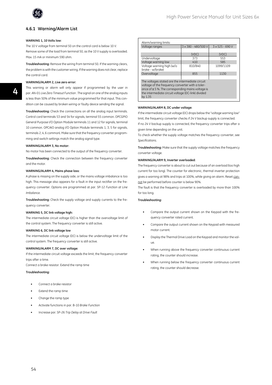 High power service manual for unit sizes 6x, 1 warning/alarm list | GE Industrial Solutions AF-600 FP High Power Unit Sizes 6x User Manual | Page 55 / 138