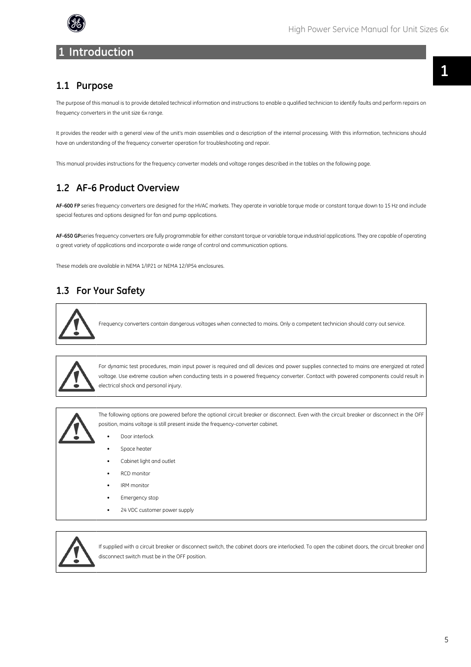 1 introduction, 1 purpose, 2 af-6 product overview | 3 for your safety, High power service manual for unit sizes 6x | GE Industrial Solutions AF-600 FP High Power Unit Sizes 6x User Manual | Page 6 / 138
