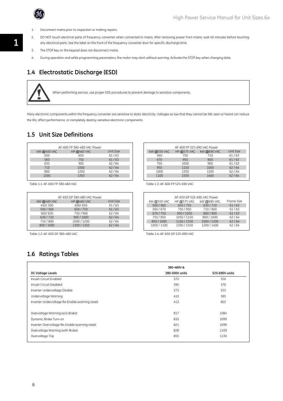 4 electrostatic discharge (esd), 5 unit size definitions, 6 ratings tables | High power service manual for unit sizes 6x | GE Industrial Solutions AF-600 FP High Power Unit Sizes 6x User Manual | Page 7 / 138