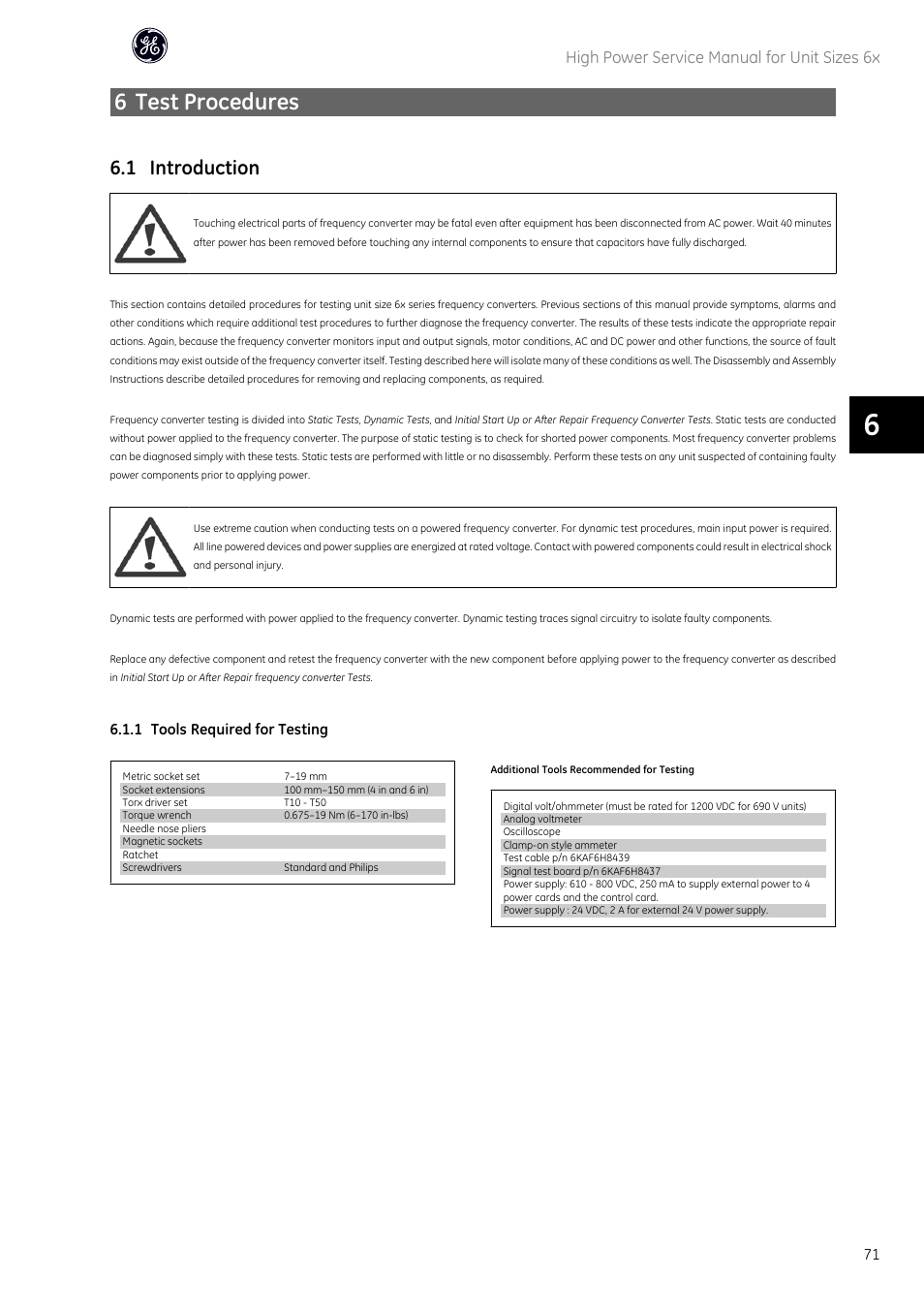 6 test procedures, 1 introduction, High power service manual for unit sizes 6x | GE Industrial Solutions AF-600 FP High Power Unit Sizes 6x User Manual | Page 72 / 138