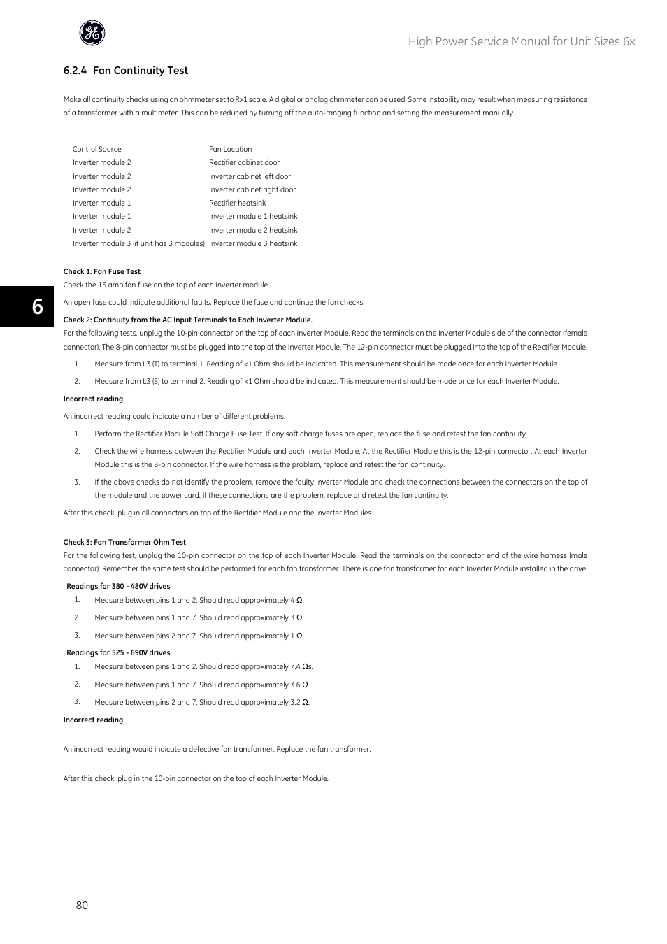 High power service manual for unit sizes 6x, 4 fan continuity test | GE Industrial Solutions AF-600 FP High Power Unit Sizes 6x User Manual | Page 81 / 138