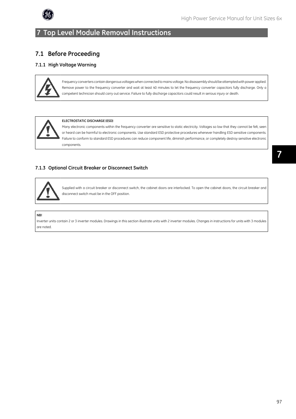 7 top level module removal instructions | GE Industrial Solutions AF-600 FP High Power Unit Sizes 6x User Manual | Page 98 / 138