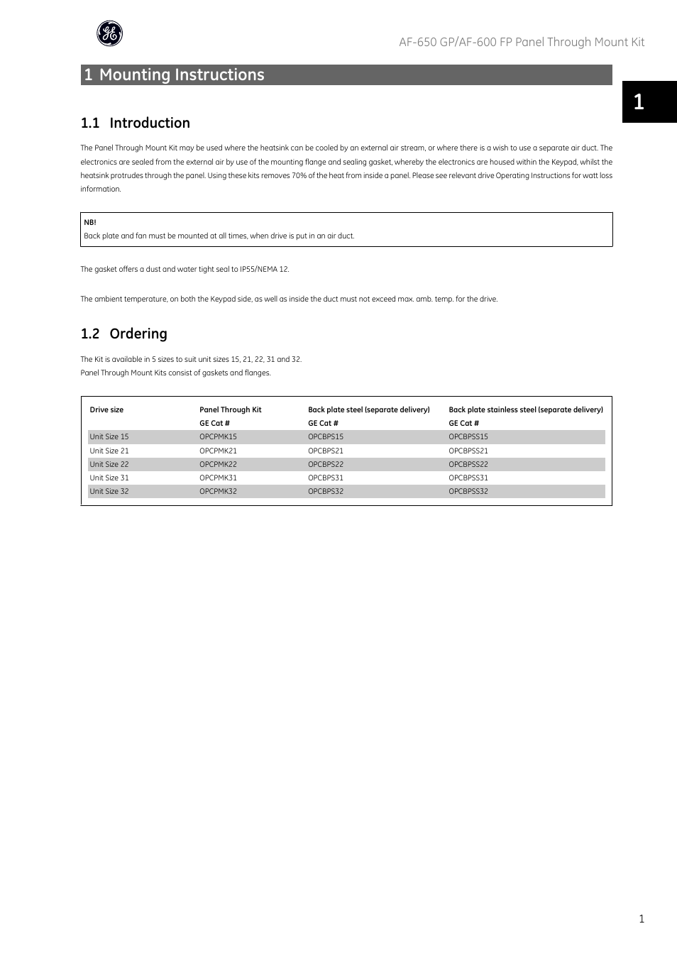1 mounting instructions, 1 introduction, 2 ordering | GE Industrial Solutions AF-600 FP Panel Through Mount Kit User Manual | Page 2 / 12