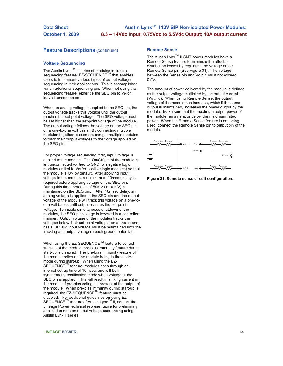 Feature descriptions, Austin lynx, Continued) | Voltage sequencing, Remote sense | GE Industrial Solutions Austin Lynx II 12V SIP User Manual | Page 14 / 19