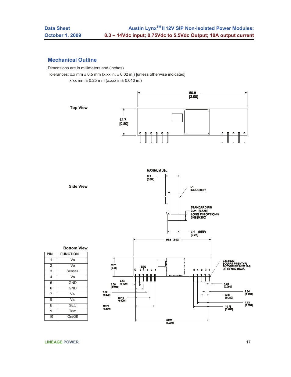 Mechanical outline | GE Industrial Solutions Austin Lynx II 12V SIP User Manual | Page 17 / 19