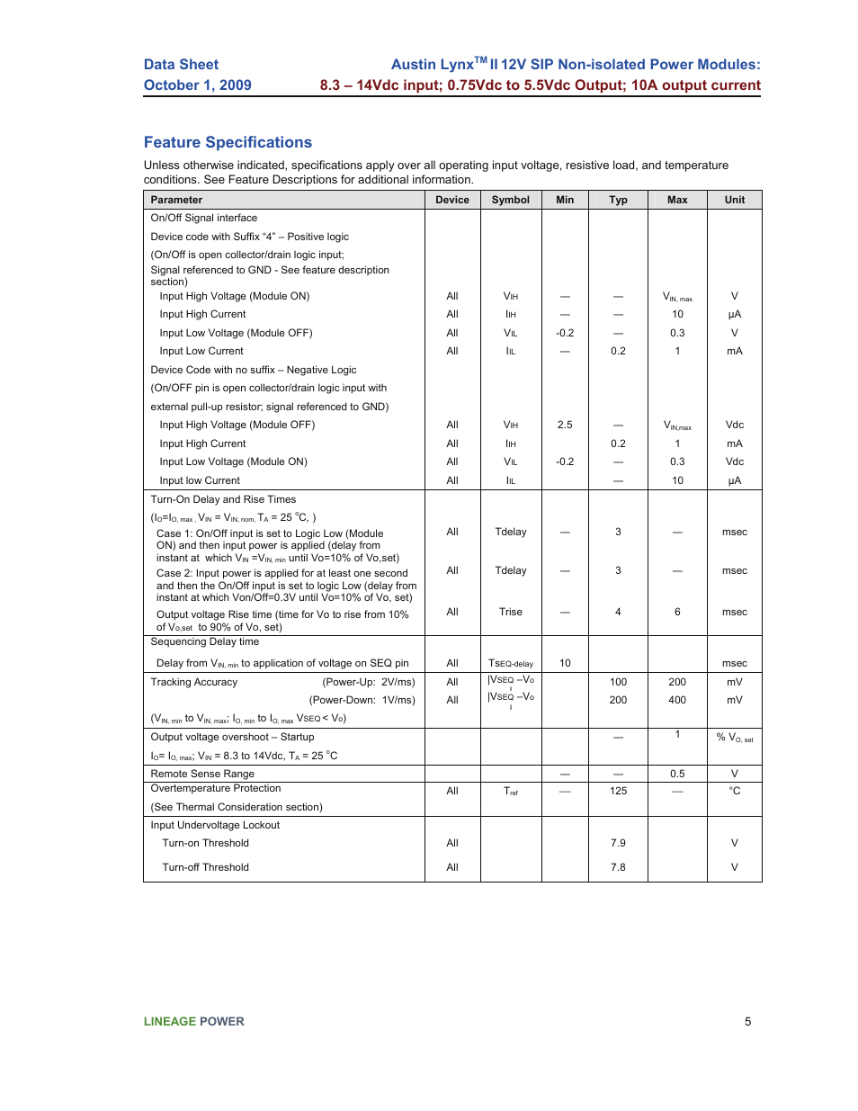 Feature specifications, Austin lynx | GE Industrial Solutions Austin Lynx II 12V SIP User Manual | Page 5 / 19