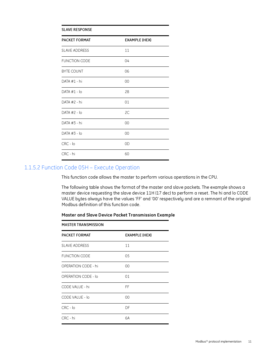 2 function code 05h - execute operation, 2 function code 05h – execute operation | GE Industrial Solutions Entellisys Integrator’s Guide User Manual | Page 11 / 65