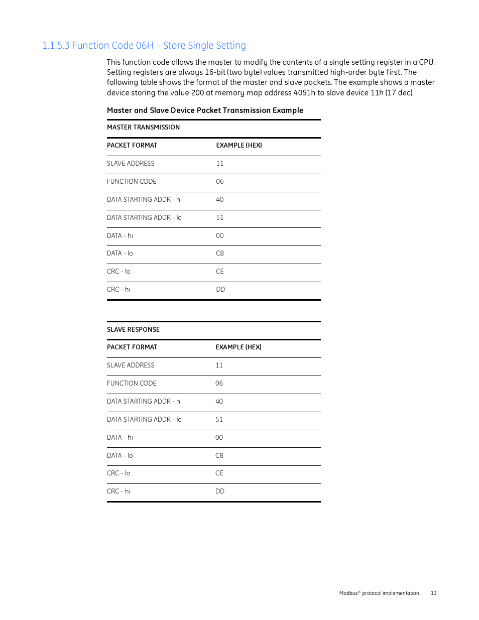 3 function code 06h - store single setting, 3 function code 06h – store single setting | GE Industrial Solutions Entellisys Integrator’s Guide User Manual | Page 13 / 65