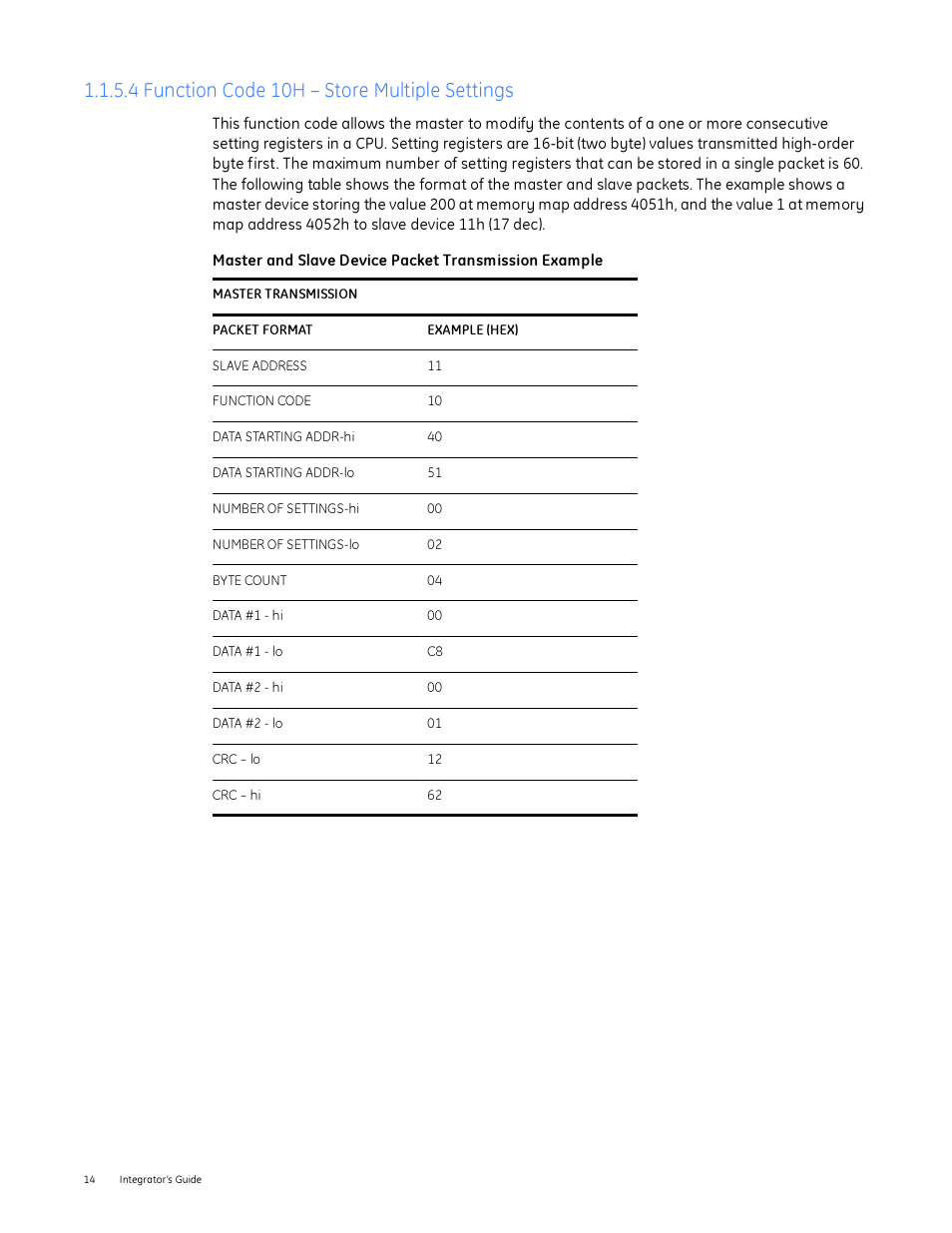 4 function code 10h - store multiple settings, 4 function code 10h – store multiple settings | GE Industrial Solutions Entellisys Integrator’s Guide User Manual | Page 14 / 65