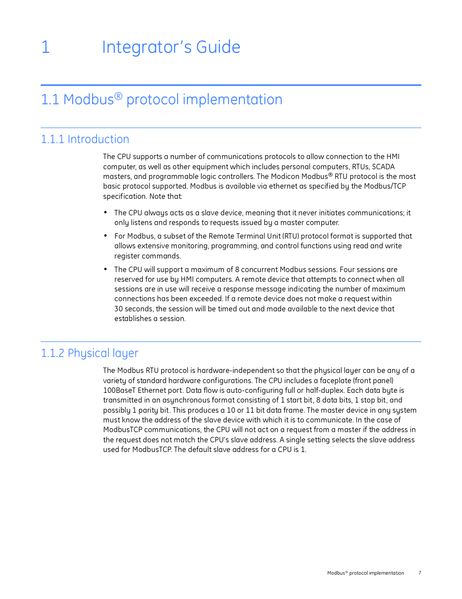 Integrator’s guide, 1 modbus® protocol implementation, 1 introduction | 2 physical layer, 1 integrator’s guide, Modbus, 1 introduction 1.1.2 physical layer, 1integrator’s guide, 1 modbus, Protocol implementation | GE Industrial Solutions Entellisys Integrator’s Guide User Manual | Page 7 / 65