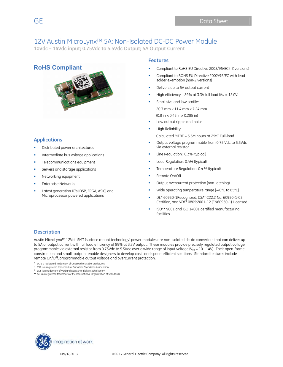 GE Industrial Solutions 12V Austin MicroLynx 5A User Manual | 21 pages