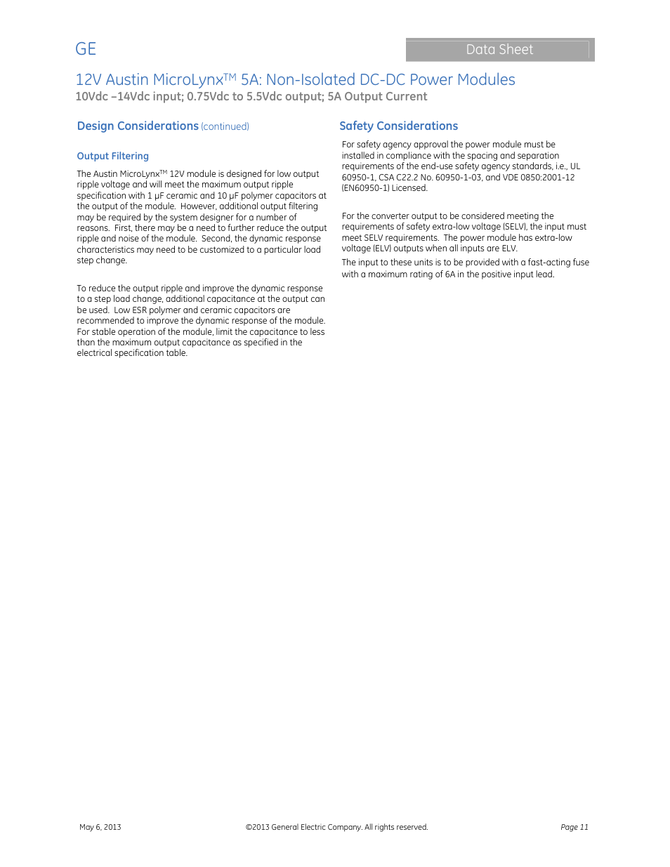 12v austin microlynx, 5a: non-isolated dc-dc power modules, Data sheet | GE Industrial Solutions 12V Austin MicroLynx 5A User Manual | Page 11 / 21